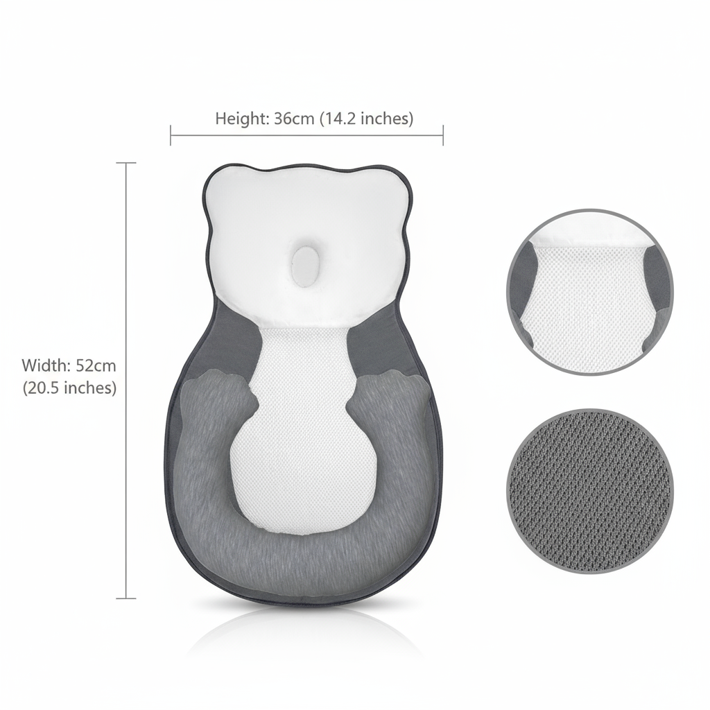 Newborn head shaping pillow size diagram 36 by 52 cm