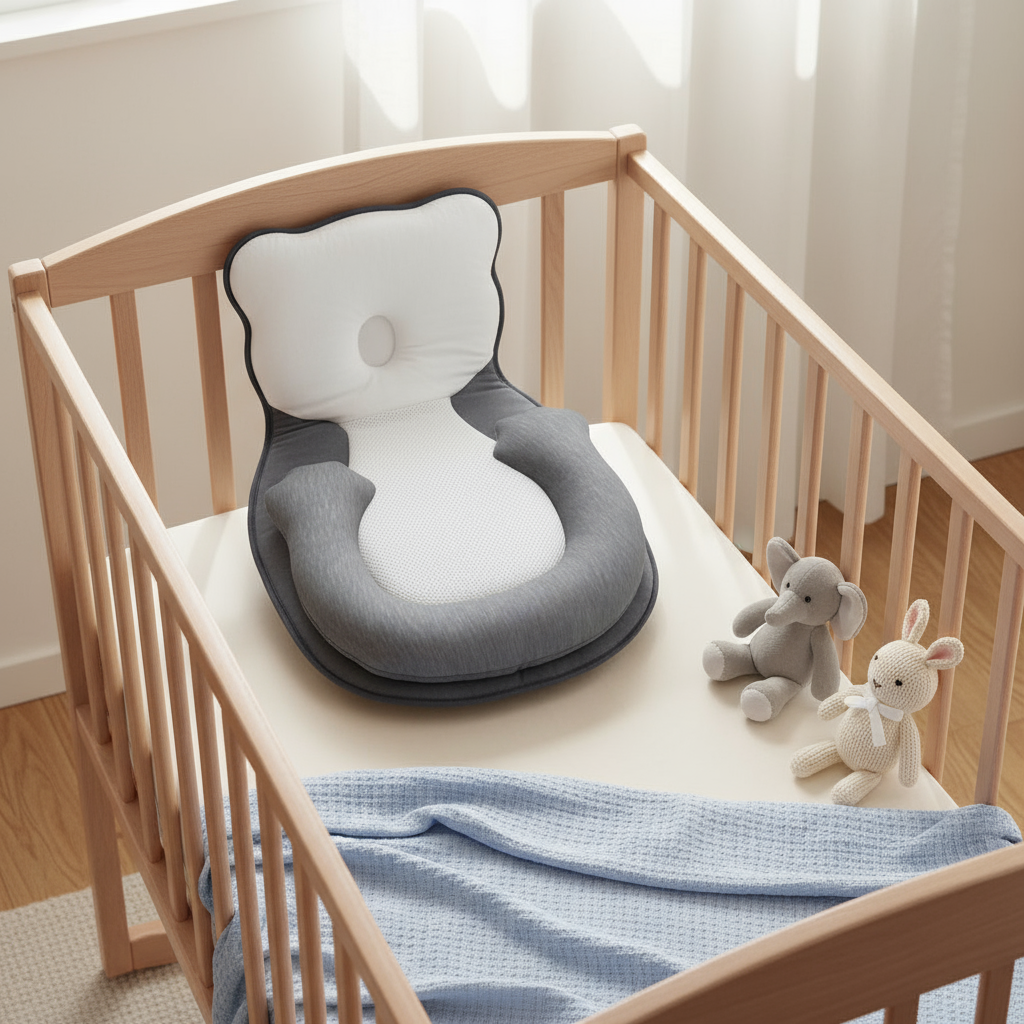 Newborn head shaping pillow placed inside baby crib