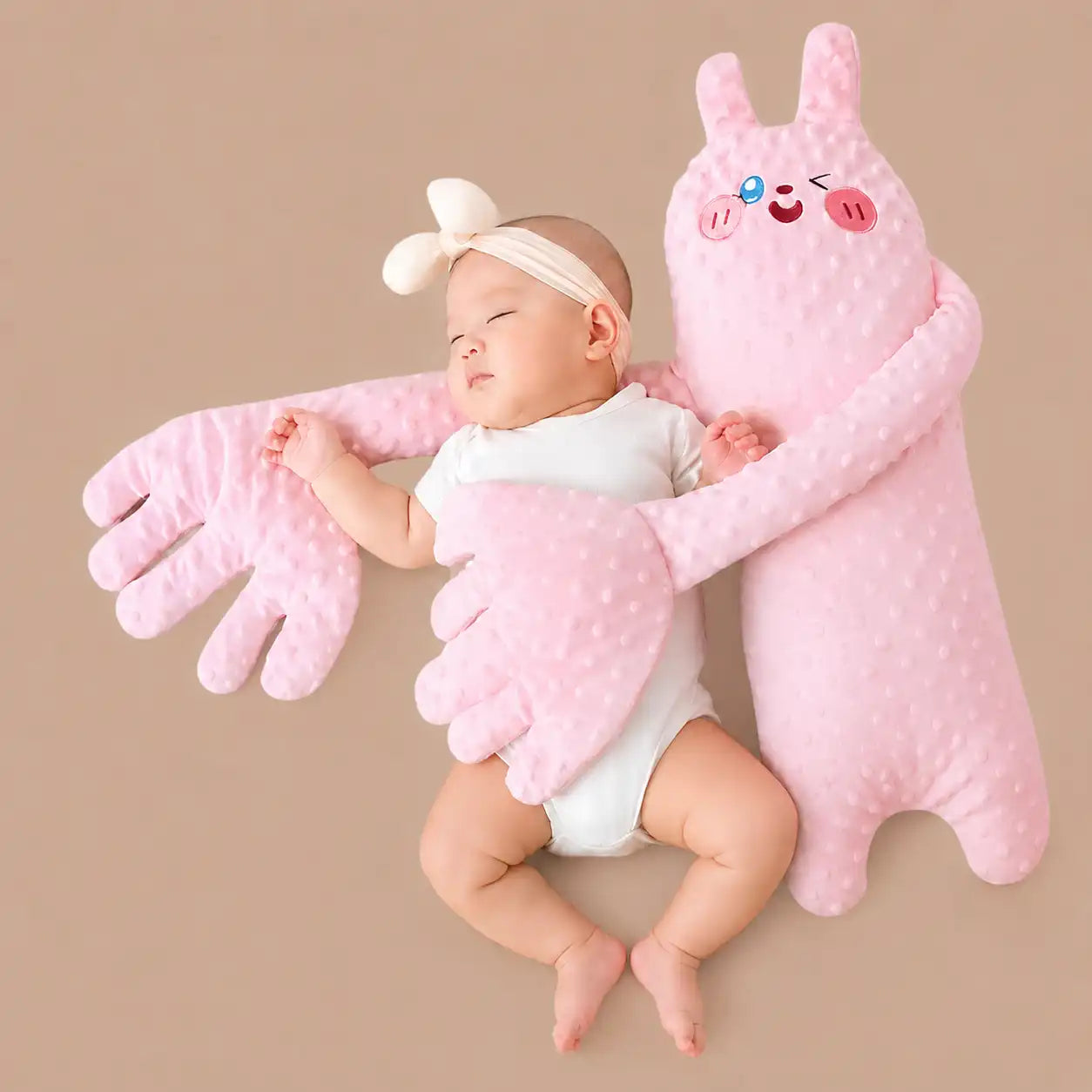 Pink rabbit baby soothing sleep companion hugging sleeping infant