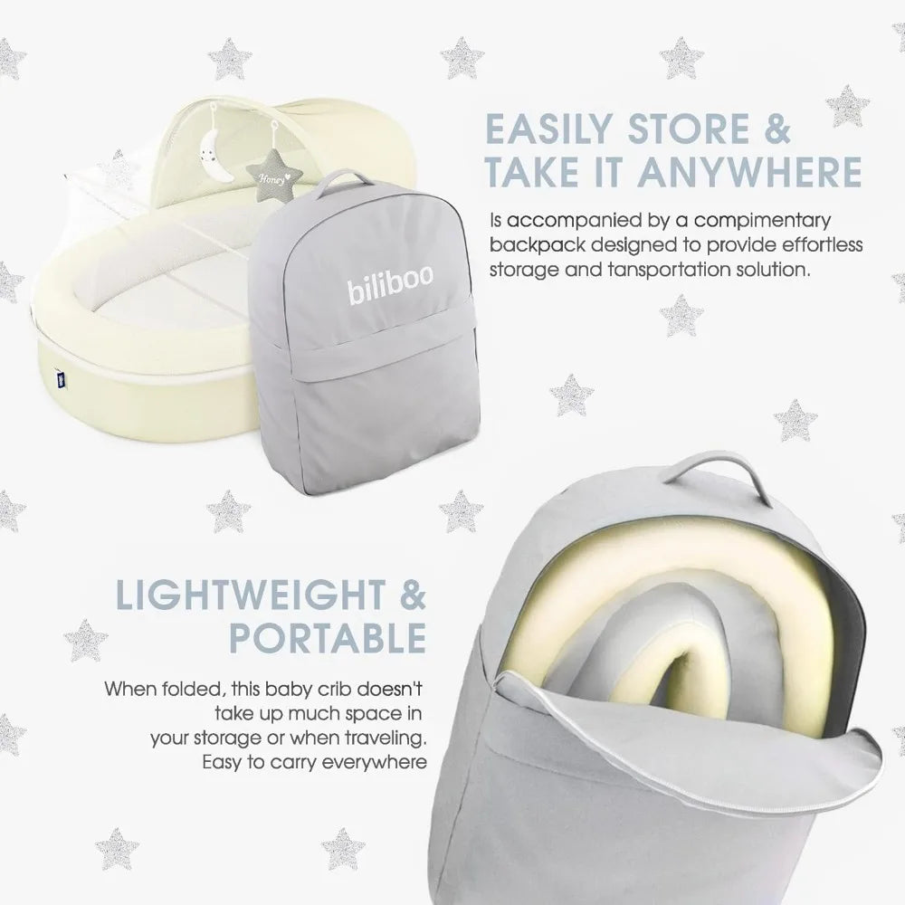 Portable baby nest lounger folded for easy storage and travel
