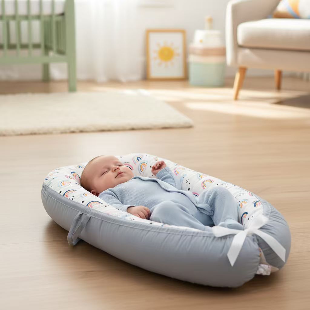 Portable infant sleeper placed on bed next to parents