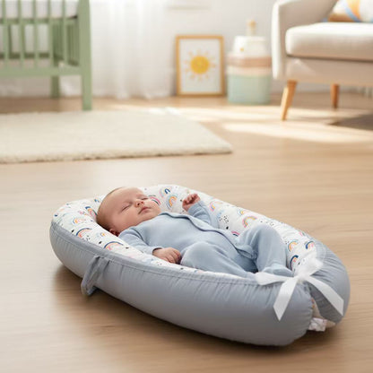 Portable infant sleeper placed on bed next to parents