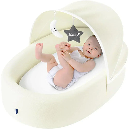 Premium baby nest lounger in lemon meringue color with canopy