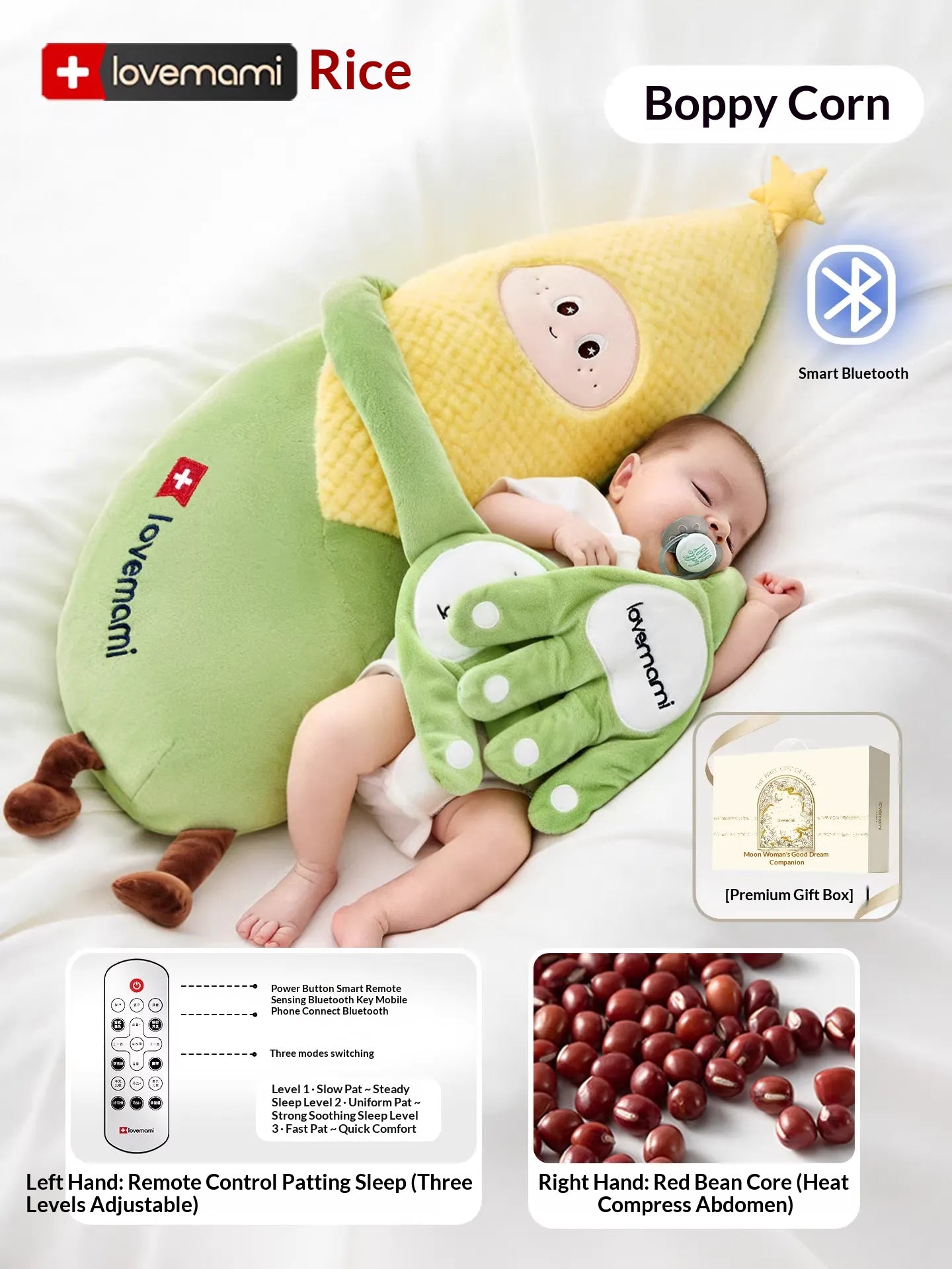 Lovemami smart baby soothing toy mimicking a mother's hand patting a sleeping newborn for better sleep quality.