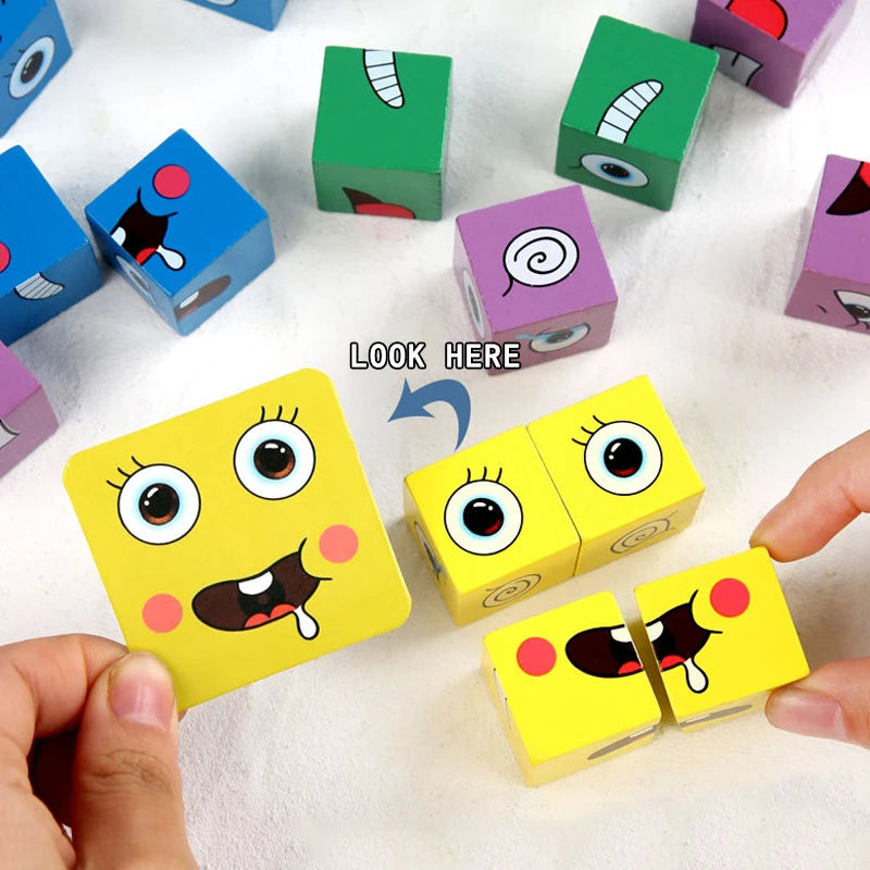 Kids Face Change Expression Puzzle Building Blocks Montessori Cube Table Game Toy Early Educational Toys for Children Gifts - MEACAOFG