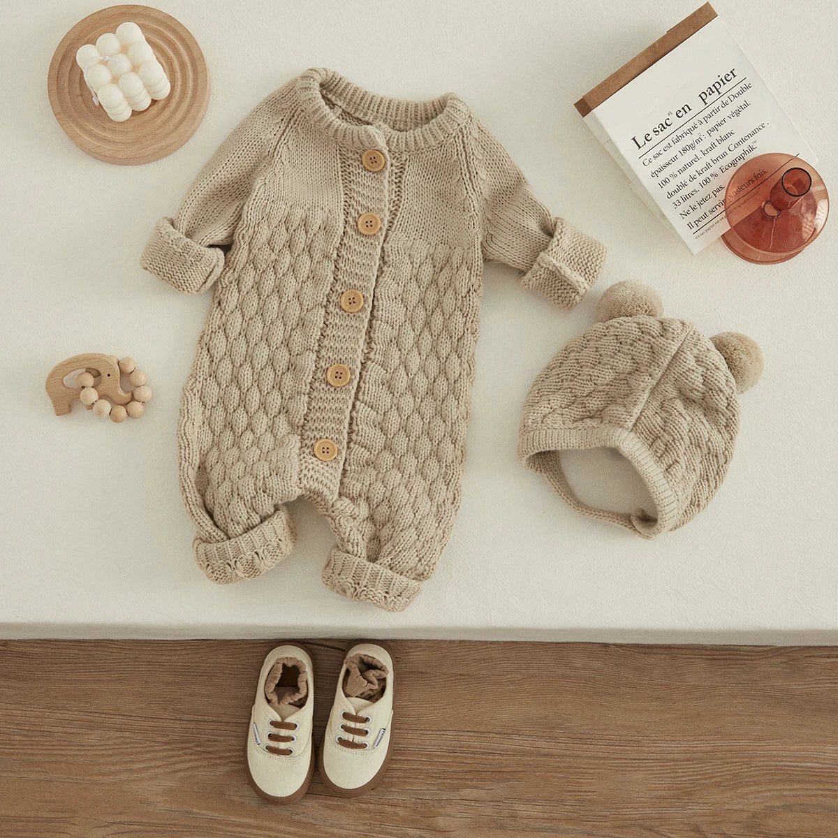 Baby Winter Jumpsuit Romper + Bear Hat Set