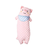 Soft pink pig plush body pillow for infants featuring 3D minky dots and blue striped bib design.