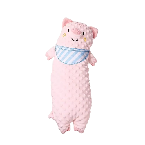 Soft pink pig plush body pillow for infants featuring 3D minky dots and blue striped bib design.