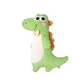 Long green crocodile stuffed animal with sensory minky dot fabric and yellow bowtie for baby sleeping support.
