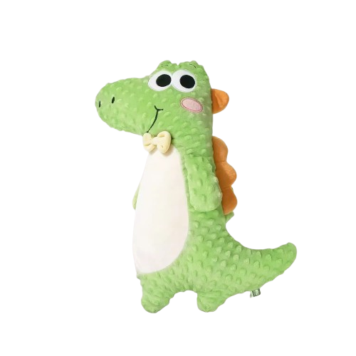 Long green crocodile stuffed animal with sensory minky dot fabric and yellow bowtie for baby sleeping support.