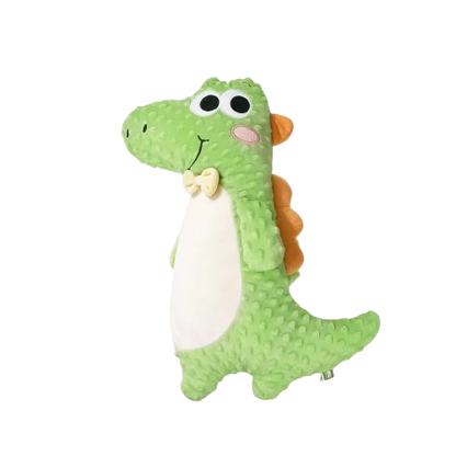 Long green crocodile stuffed animal with sensory minky dot fabric and yellow bowtie for baby sleeping support.