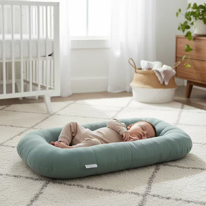 Plush striped infant lounger bed placed on rug