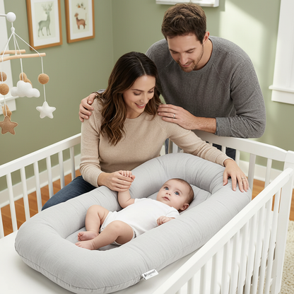 Striped infant lounger bed used in living room