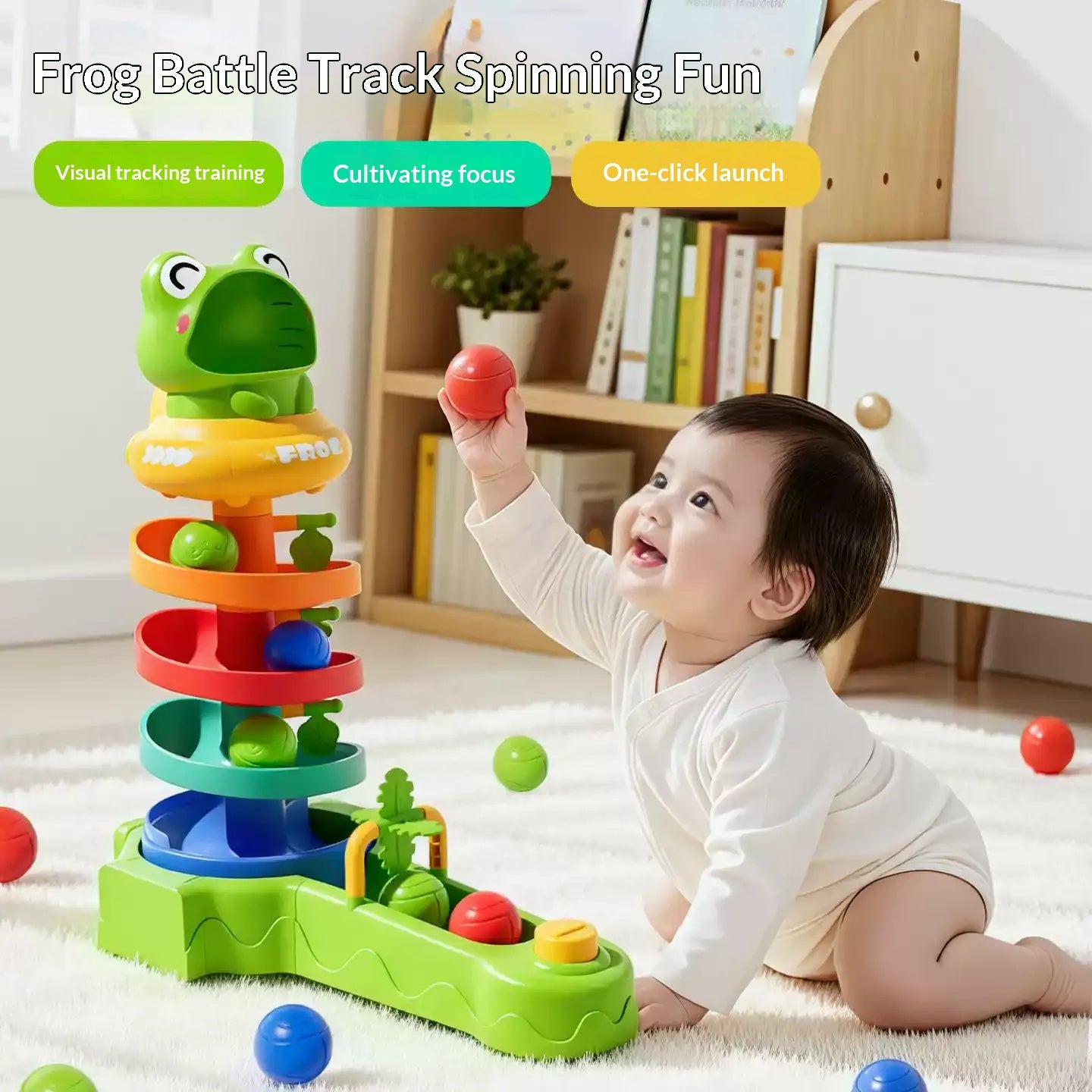 Frog ball drop track toy for toddlers with colorful rotating tower, rolling balls, and press-to-launch buttons for early learning play.