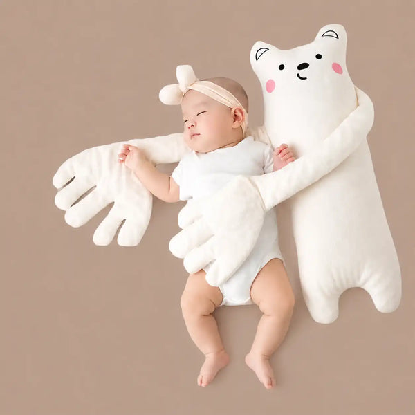 White bear baby soothing sleep companion hugging newborn
