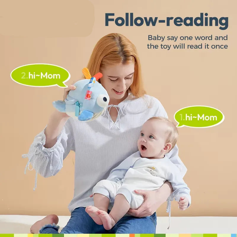 Woman holding a baby and a toy with text about 'Follow-reading' feature on a beige background.