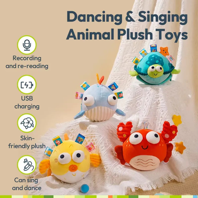 Dancing and singing animal plush toys with Jollybaby branding on a soft fabric background.