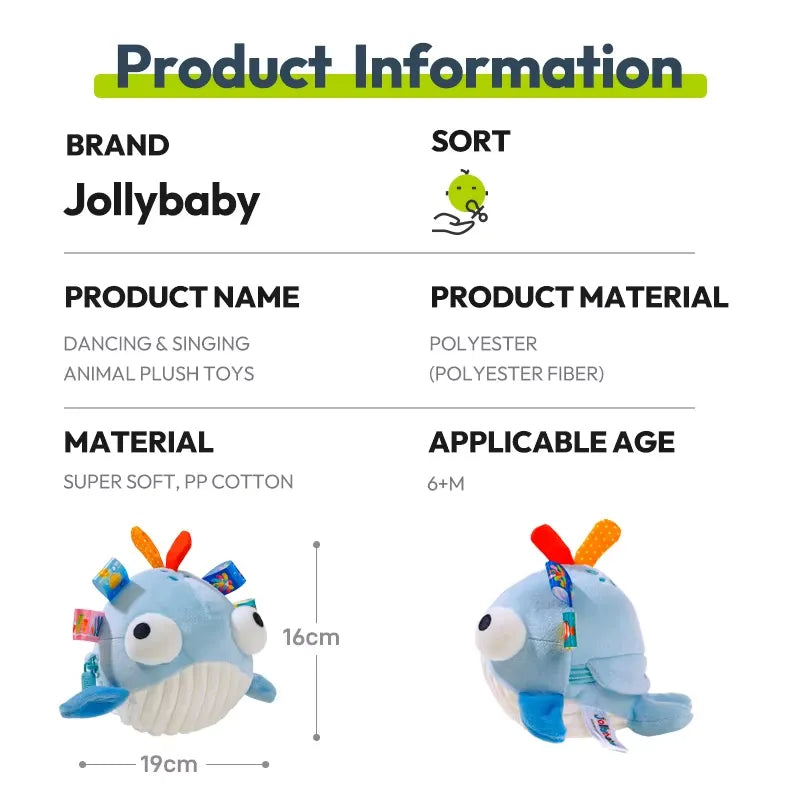 Product information card for Jollybaby dancing and singing animal plush toys with dimensions and material details.
