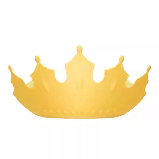 Yellow crown-shaped baby shampoo hat for tear-free hair washing