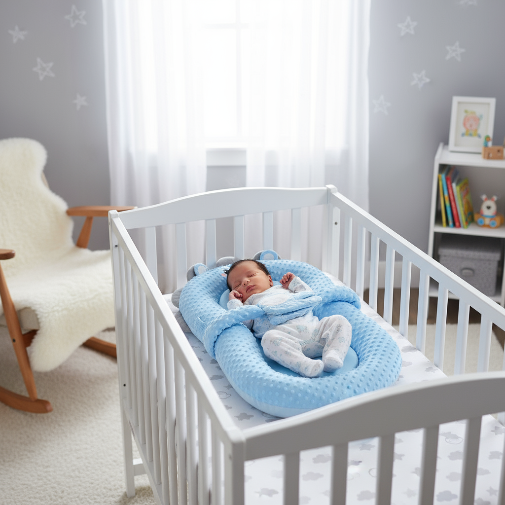 Automatic patting baby sleeper placed inside wooden crib
