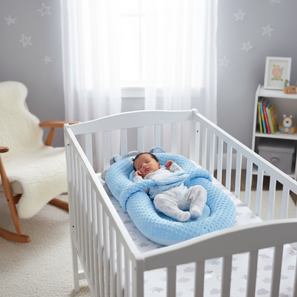 Automatic patting baby sleeper placed inside wooden crib