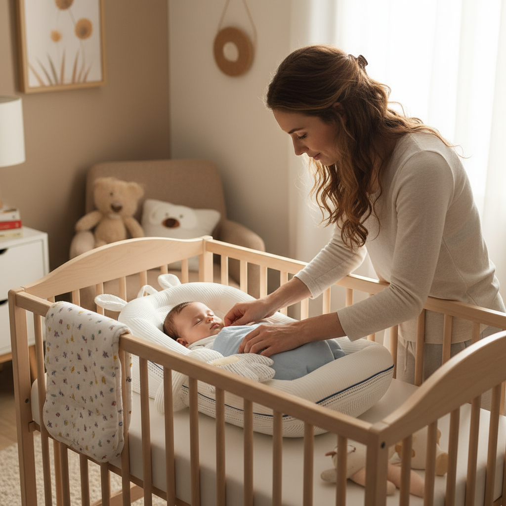 Baby inclined anti spill bed crib 3 level height adjustment and straps