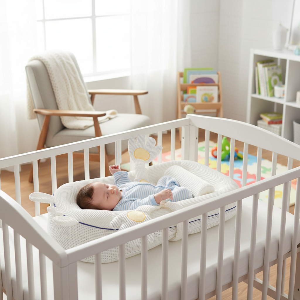 Baby inclined anti spill bed crib with interactive play arch