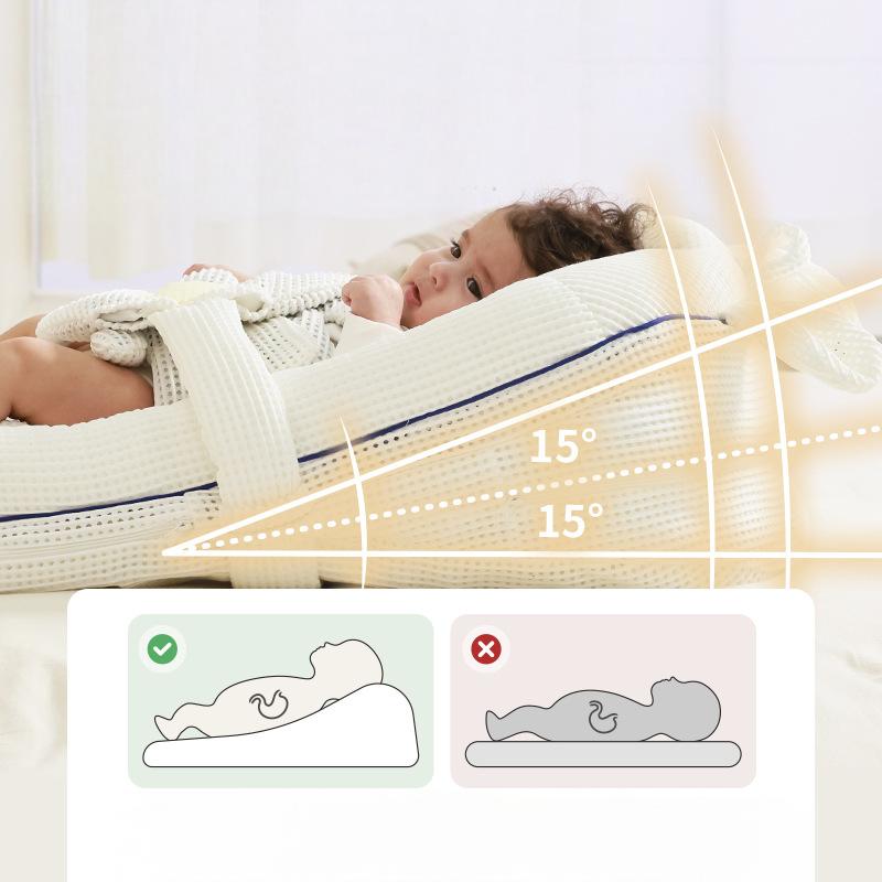 Newborn resting comfortably in baby inclined anti spill bed crib