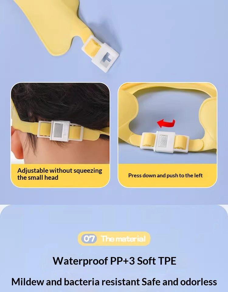 Soft blue and pink silicone shower caps for toddlers showing adjustable fit