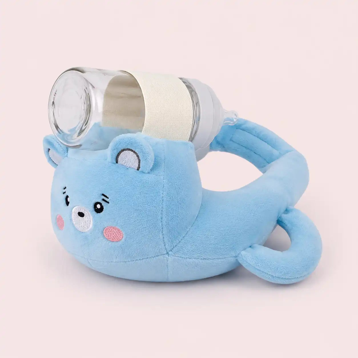 Blue bear plush baby bottle holder pillow with adjustable arms