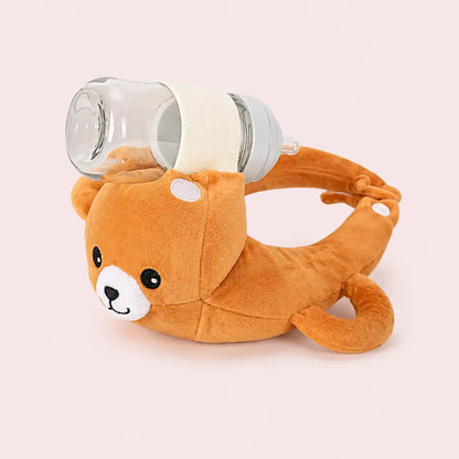 Brown bear plush baby bottle holder pillow with adjustable arms