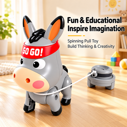 Electric musical donkey pull-along toy for toddlers with spinning accessory