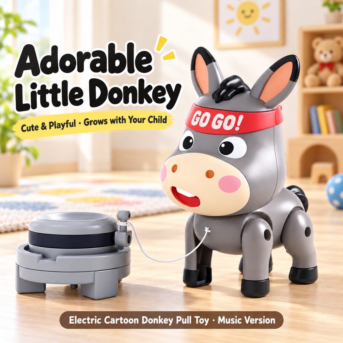 Electric musical donkey pull-along toy for toddlers with spinning accessory