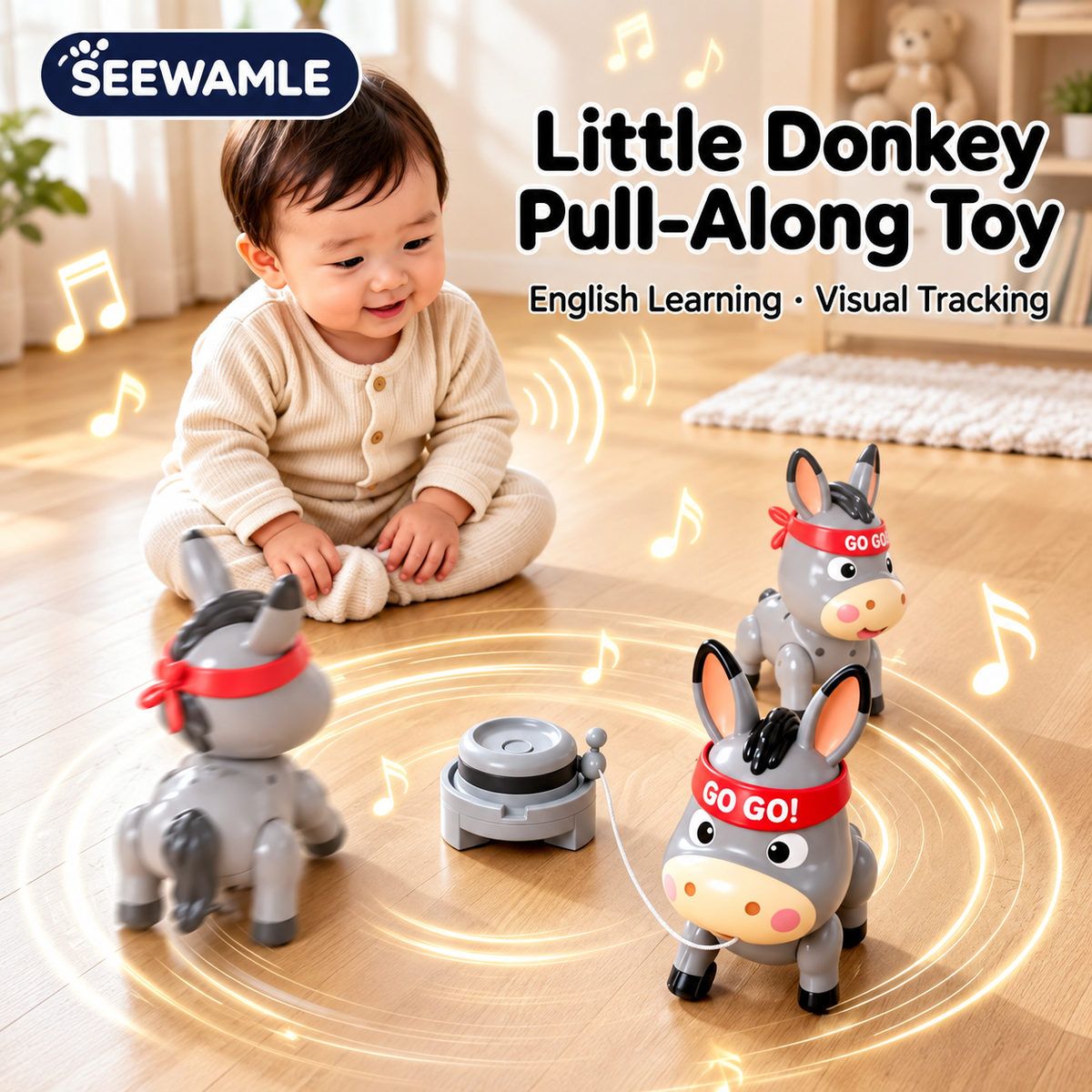 Electric musical donkey pull-along toy for toddlers with spinning accessory