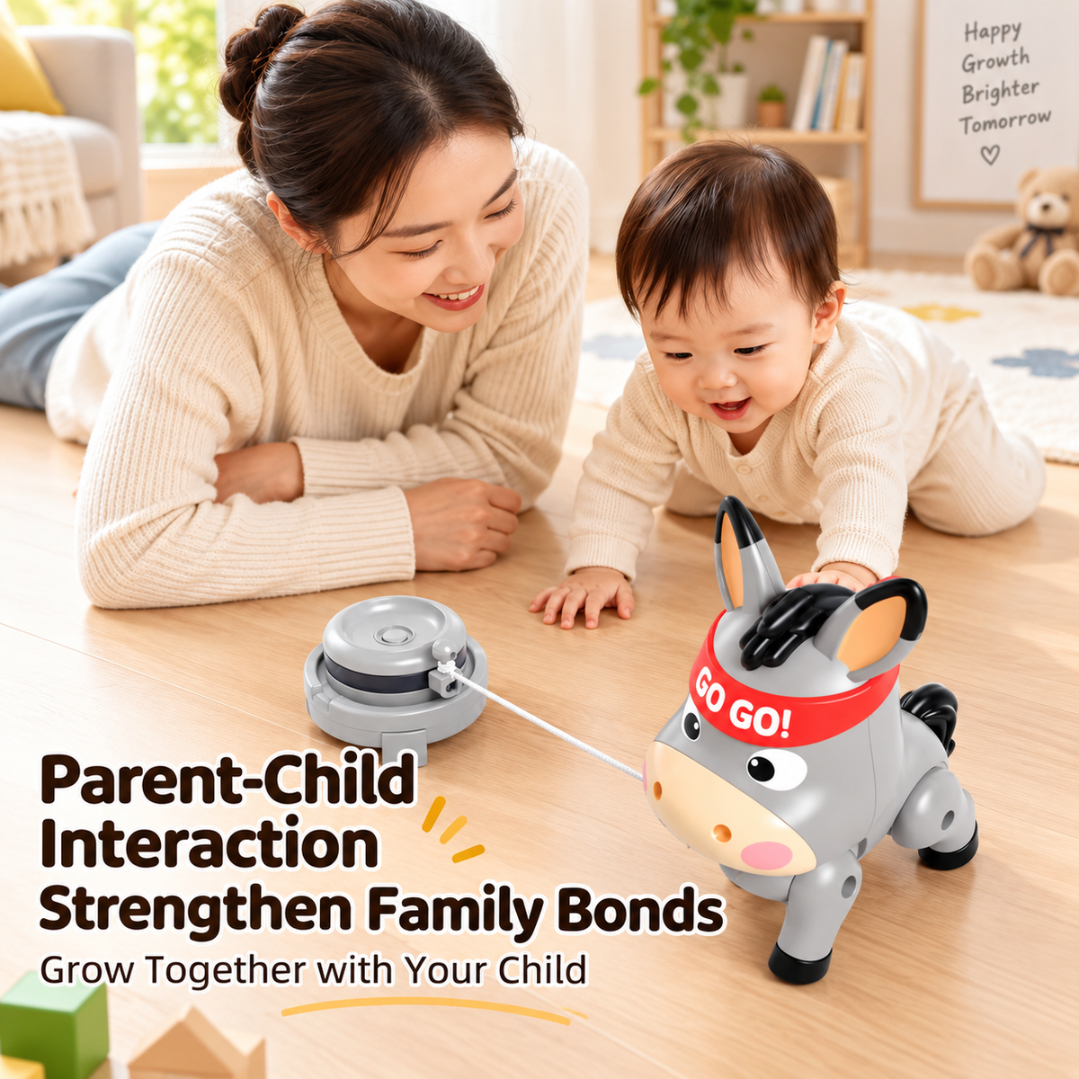 Electric musical donkey pull-along toy for toddlers with spinning accessory