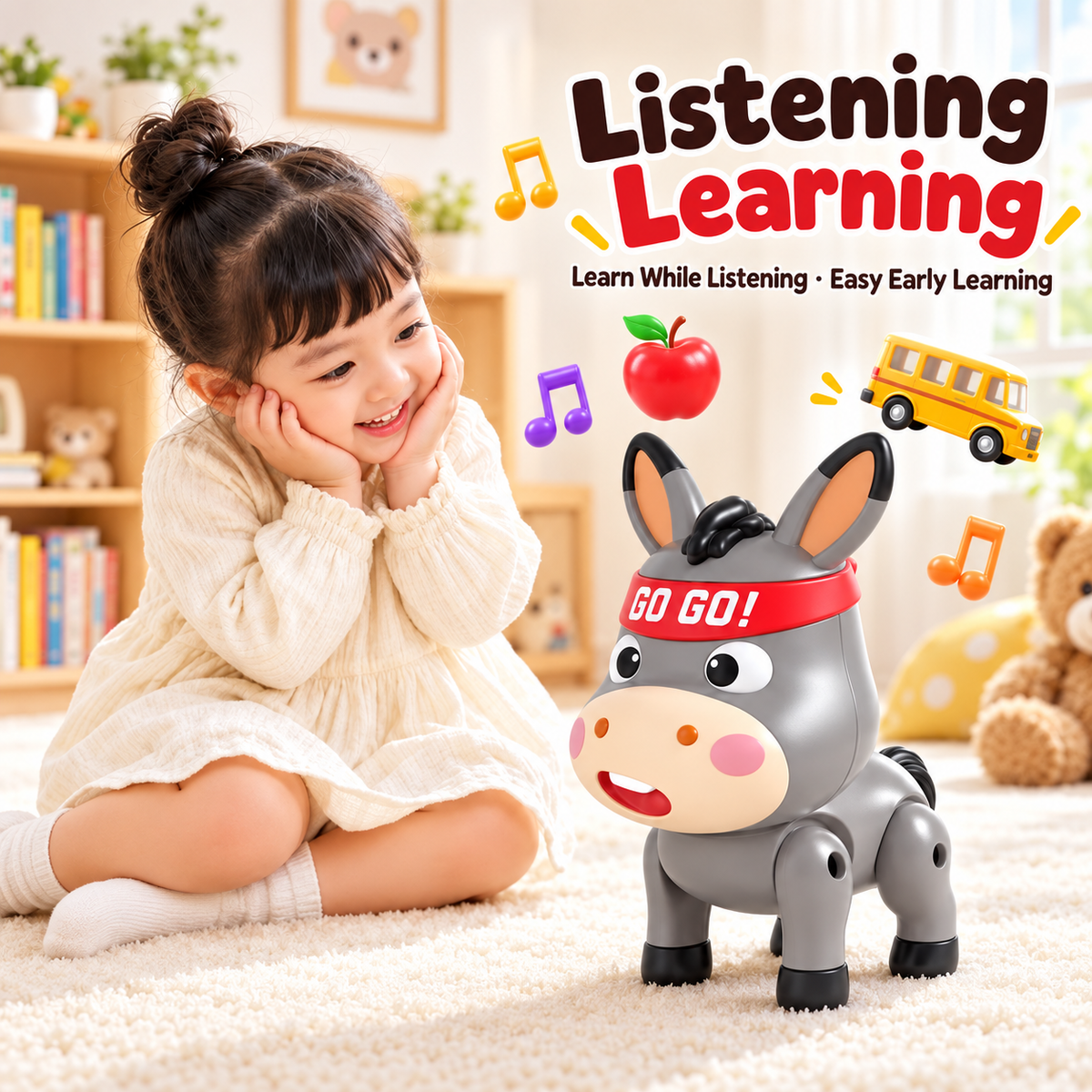 Electric musical donkey pull-along toy for toddlers with spinning accessory
