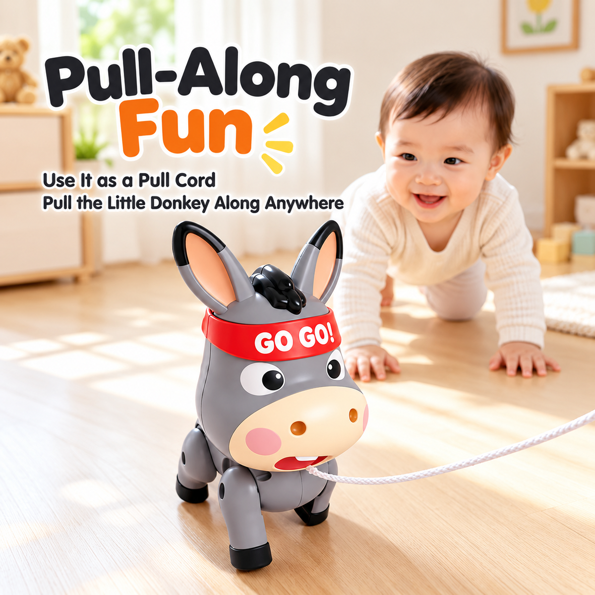 Electric musical donkey pull-along toy for toddlers with spinning accessory