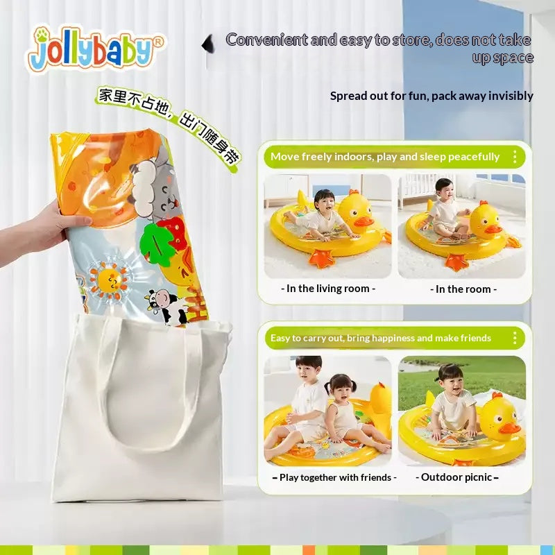 Inflatable baby duck tummy time water mat with colorful sensory design, portable storage, air pump, and indoor outdoor play features for infants and toddlers.