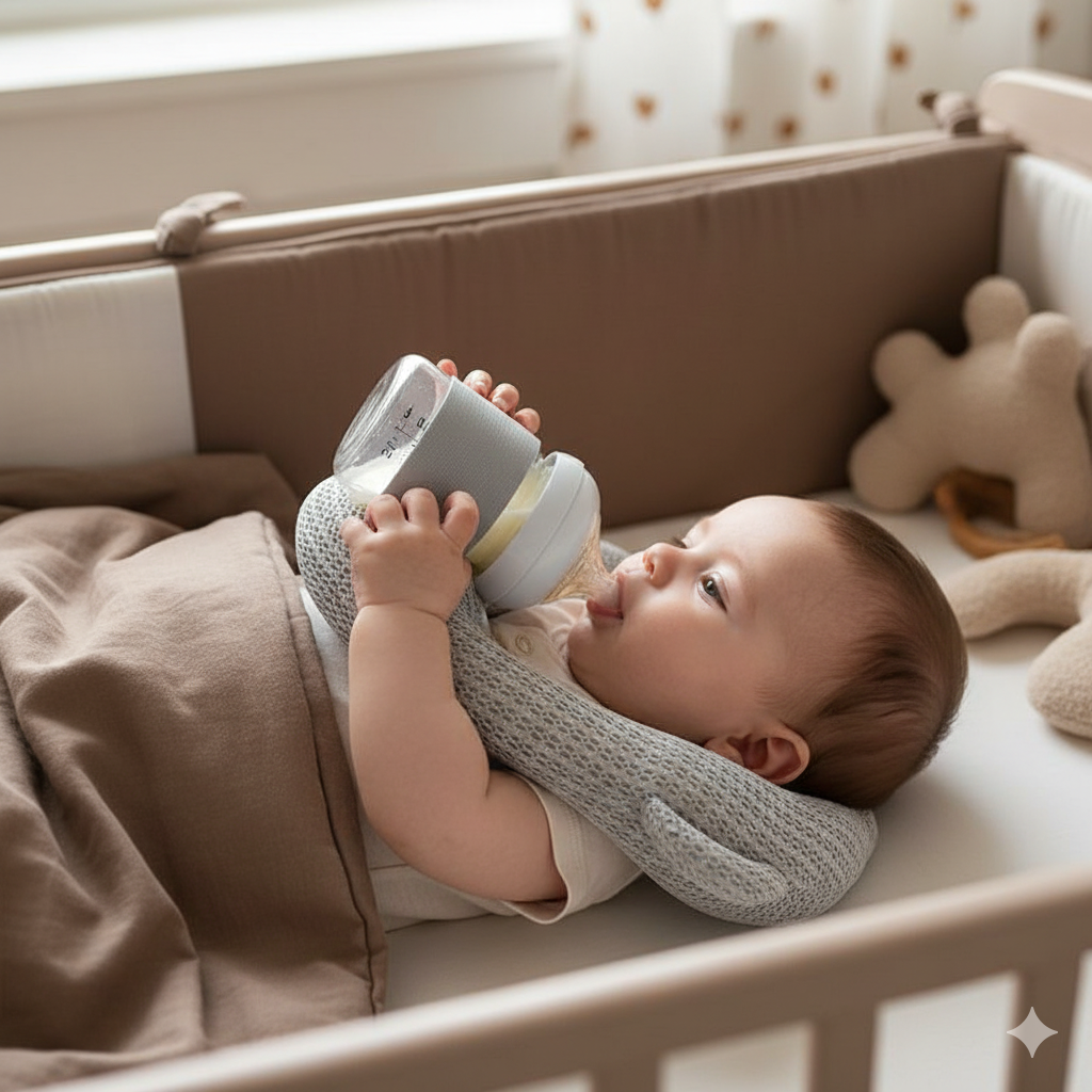 Infant drinking comfortably from bottle in crib