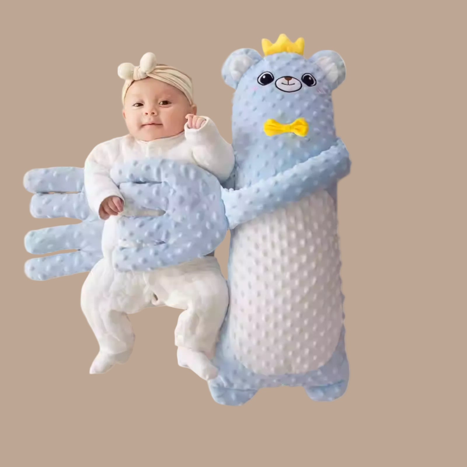 Baby soothing sleep companion with blue bear hugging infant