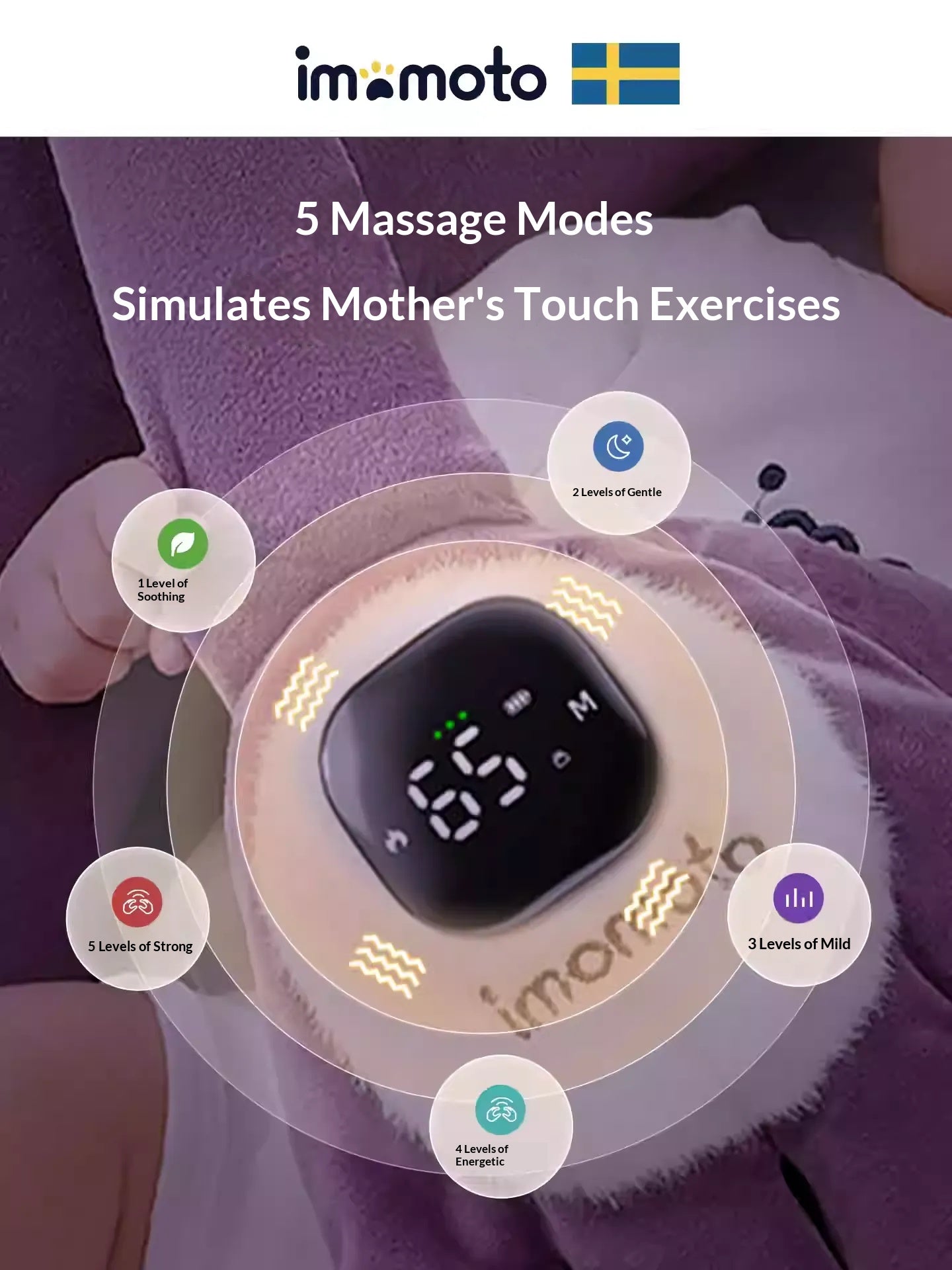 Infant using Imomoto electric patting eggplant toy for sleep soothing with constant heat feature