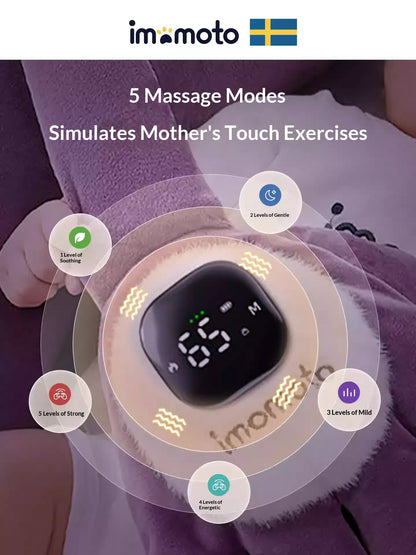 Infant using Imomoto electric patting eggplant toy for sleep soothing with constant heat feature