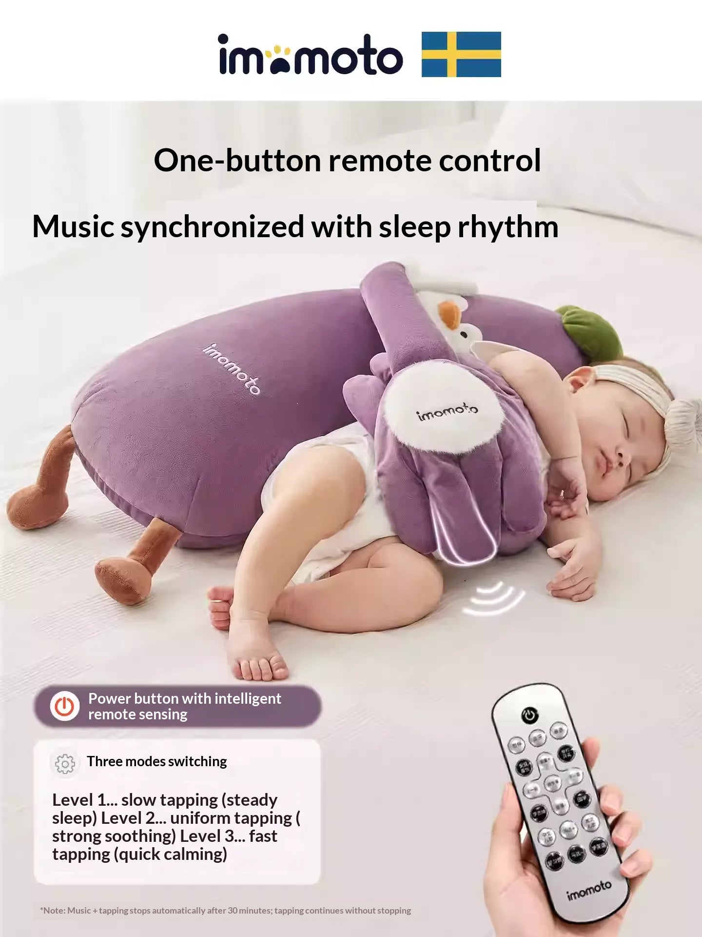 Infant using Imomoto electric patting eggplant toy for sleep soothing with constant heat feature