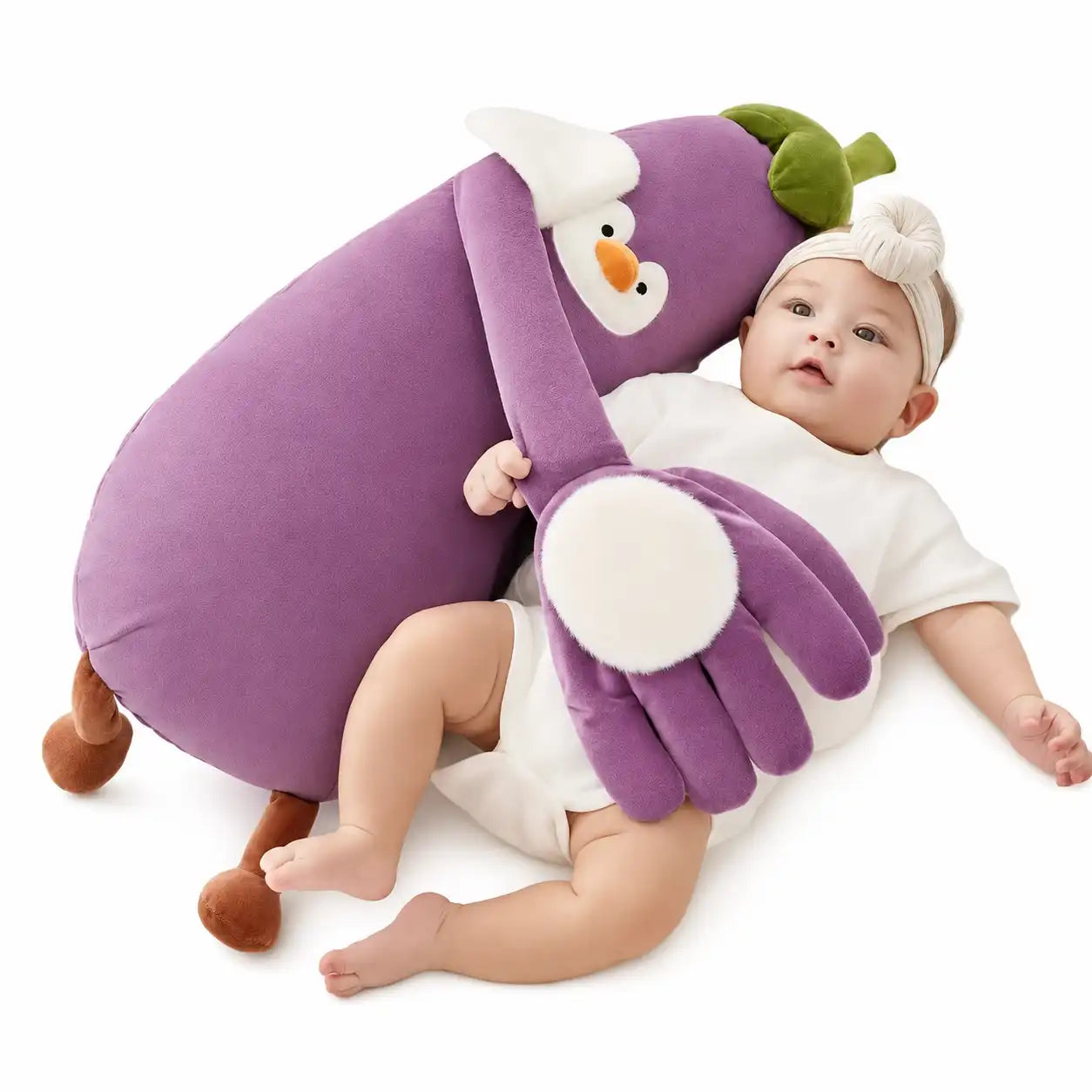 infant using Imomoto electric patting eggplant toy for sleep soothing with constant heat feature