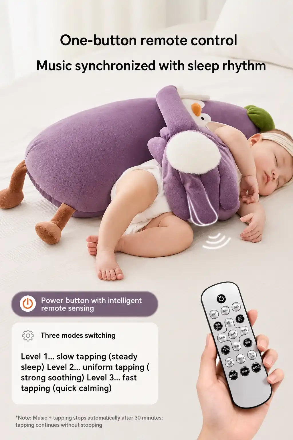 infant using Imomoto electric patting eggplant toy for sleep soothing with constant heat feature