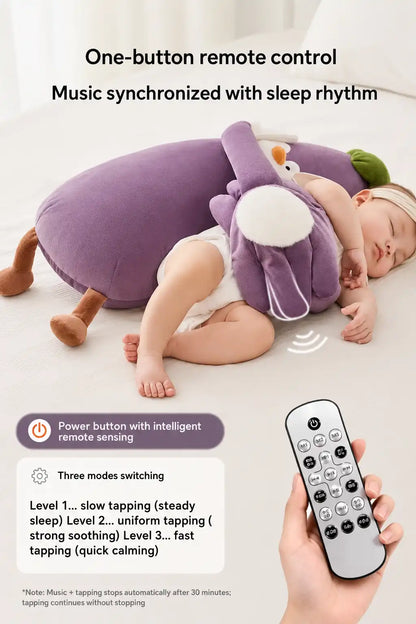 infant using Imomoto electric patting eggplant toy for sleep soothing with constant heat feature