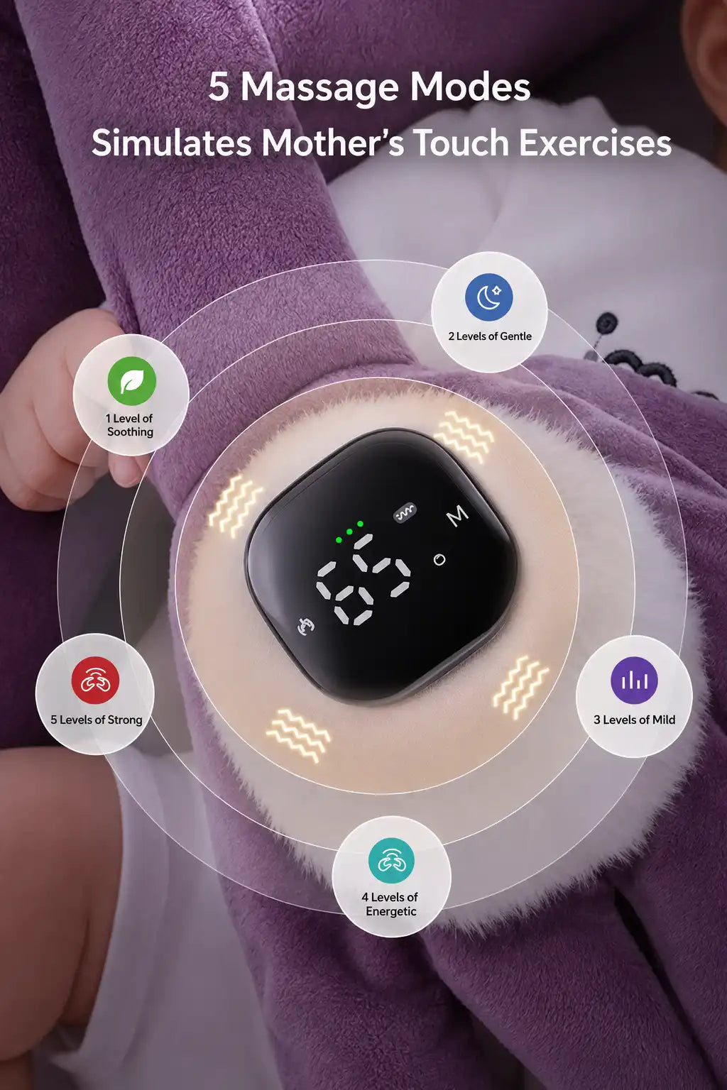 infant using Imomoto electric patting eggplant toy for sleep soothing with constant heat feature