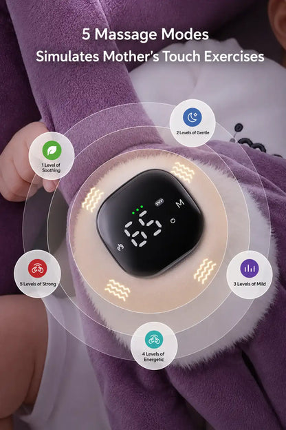 infant using Imomoto electric patting eggplant toy for sleep soothing with constant heat feature