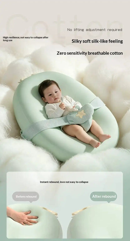 Luxury newborn baby lounger with ergonomic support pillow and breathable premium fabric