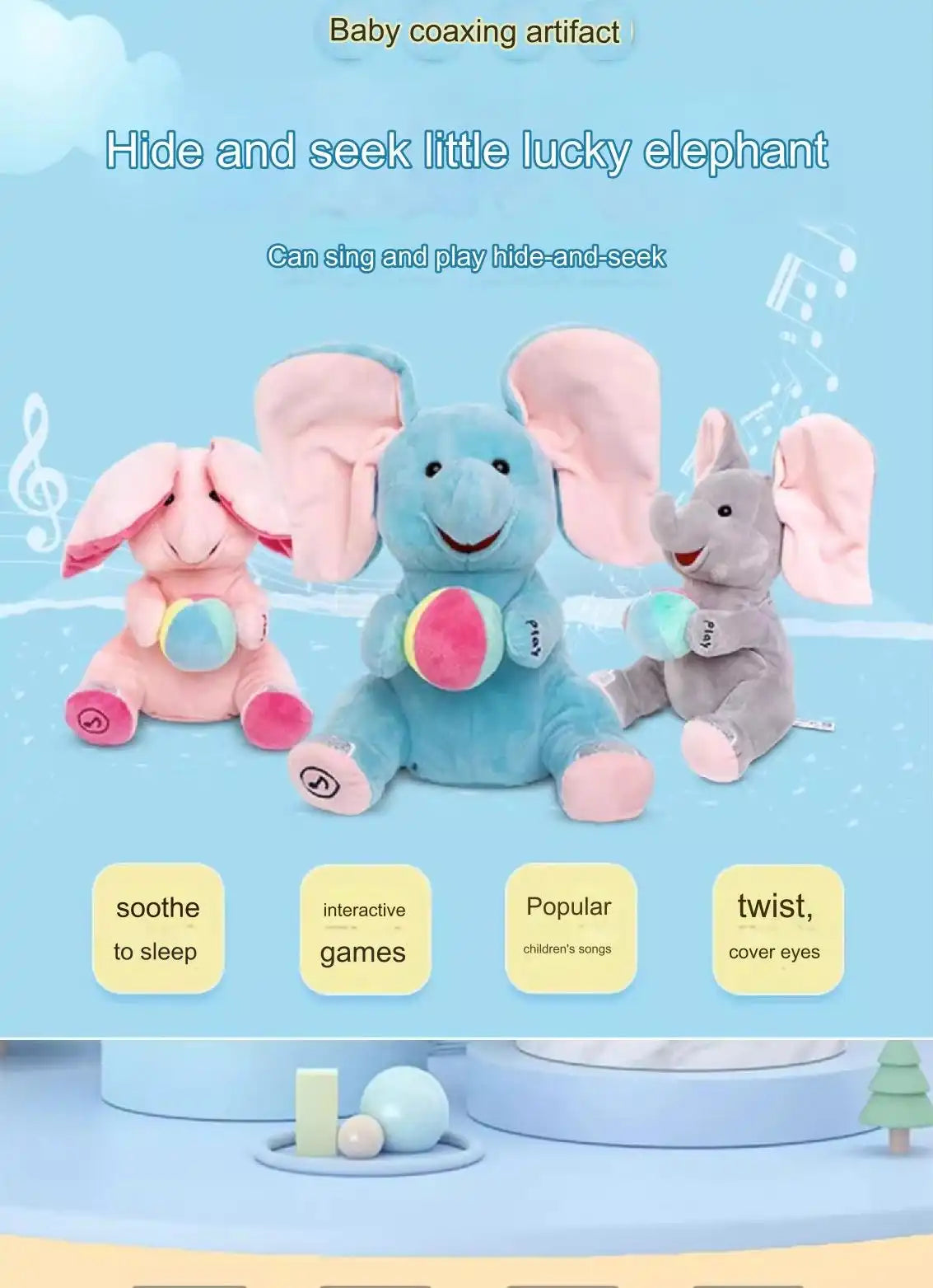 MEACAOFG Animated Peek-a-Boo Elephant with Flapping Ears and Singing Function